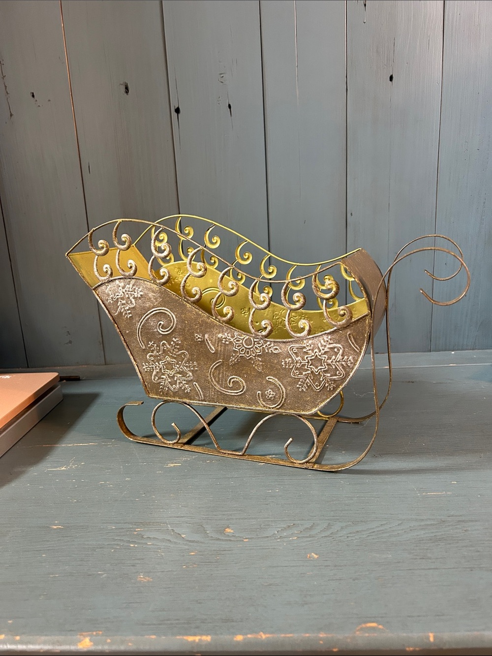 Gold-tone Metal Decorative Sleigh with Scrollwork & Snowflakes